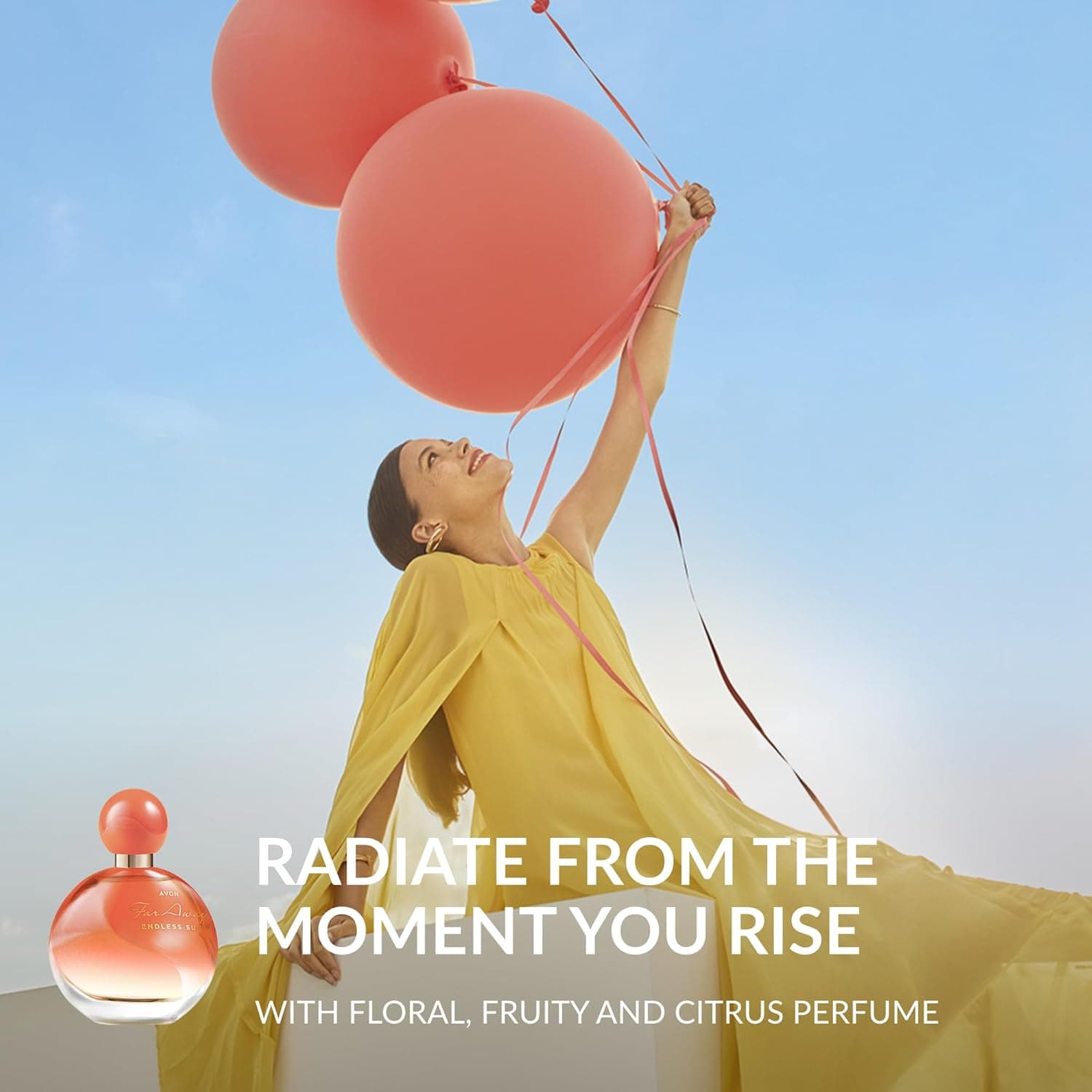 female model holding far away endless colored balloon in the sun 2